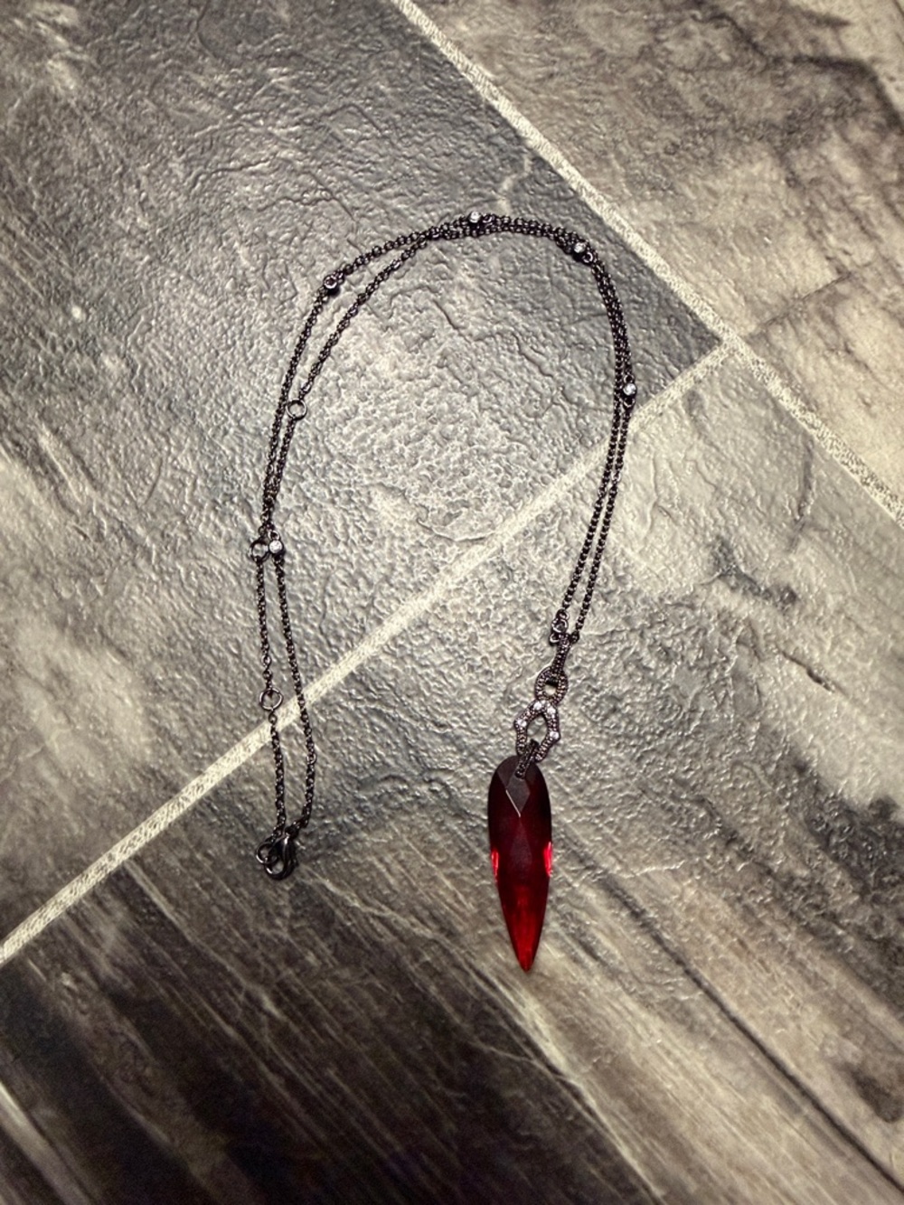 Black Chain Necklace with Red Teardrop Crystal Pendant matching earrings